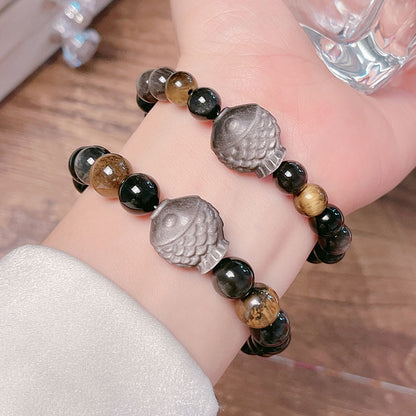 Natural Silver Obsidian Carved Cat Bracelet