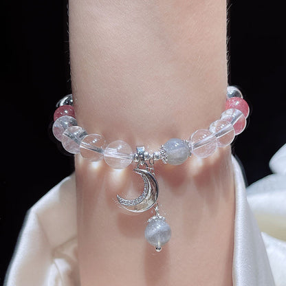 Natural White Crystal Beaded Bracelet with Silver Moon, Fish Tail, Flower Pendant