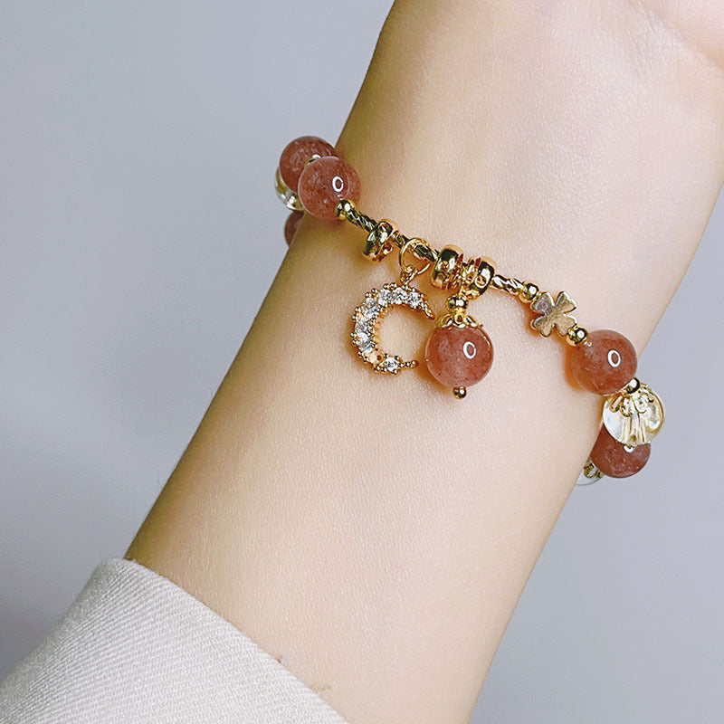 Strawberry Crystal Moon Bracelet with Micro-Inlaid Zirconia