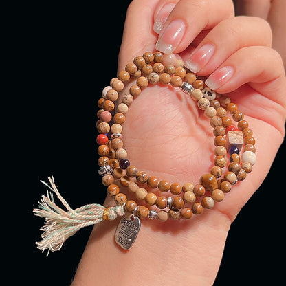 Chinese Style Beaded Triple-layer Bracelet with Shoushan Stone, Picture Stone, Red Vein Stone Tassel Bracelet