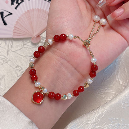 New Year Pearl Design Red Agate Bracelet Lucky Grass Bellflower Five Road God of Wealth Bracelet