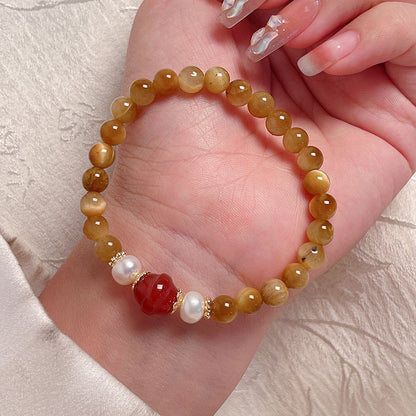 Lucky Tiger Eye Stone Bracelet with Folk Style Cloud and Flower Pendant