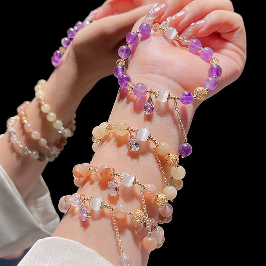 Orange Sunstone Natural Stone Bracelet with Purple Crystal