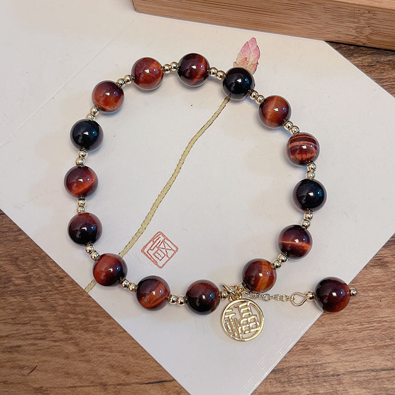 Lucky Tiger Eye Stone Bracelet with Folk Style Cloud and Flower Pendant