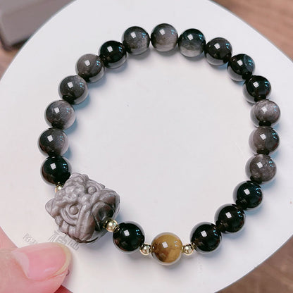 Natural Silver Obsidian Bracelet with Lion Head Pi Xiu Couple Bracelet