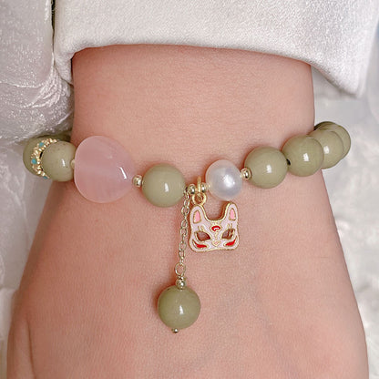 Natural Alashan Avocado Green Bead Bracelet Chinese Design Pink Crystal Love Cat Head Nine-tailed Fox Bracelet