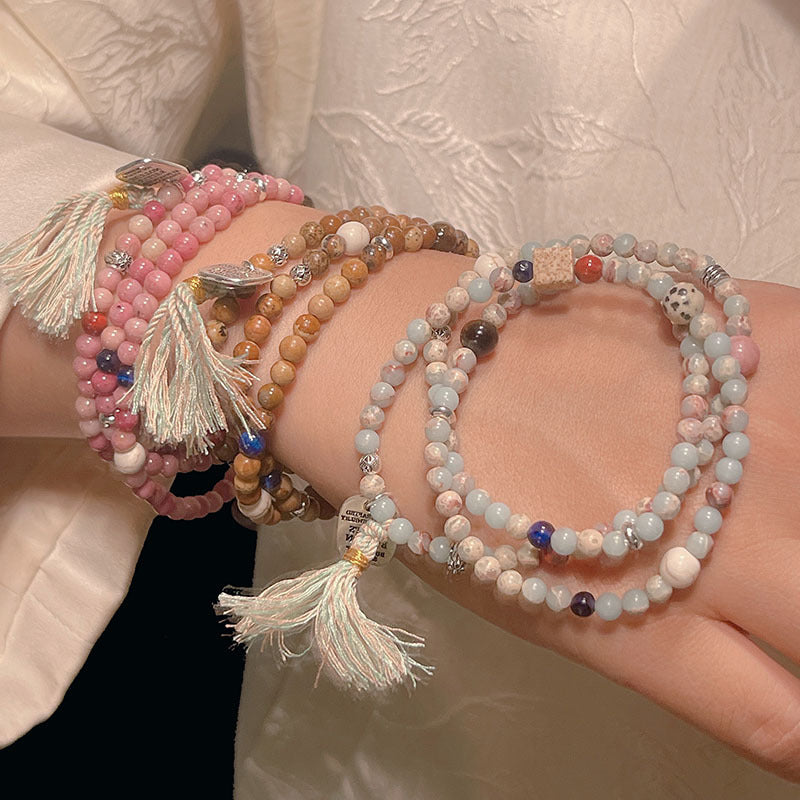 Chinese Style Beaded Triple-layer Bracelet with Shoushan Stone, Picture Stone, Red Vein Stone Tassel Bracelet