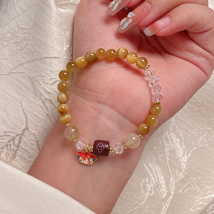 Lucky Tiger Eye Stone Bracelet with Folk Style Cloud and Flower Pendant