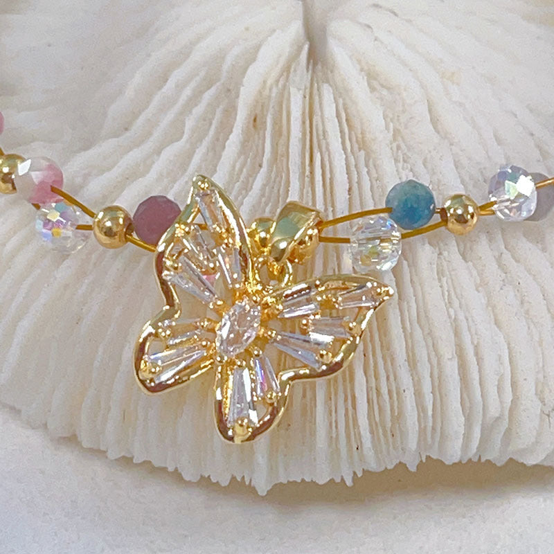 Colorful Beryl Bracelet with Metal Weaving and Zircon Butterfly