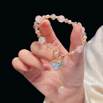 Pink Crystal Pearl Heart Butterfly Pendant Bracelet