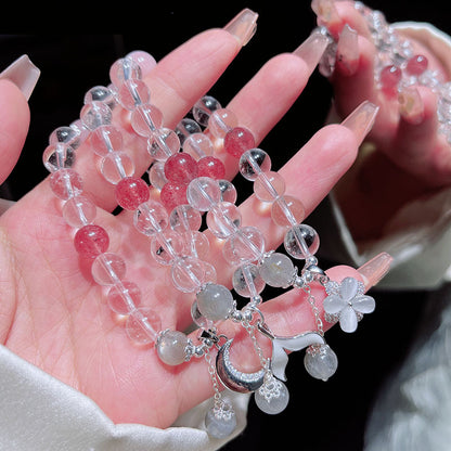 Natural White Crystal Beaded Bracelet with Silver Moon, Fish Tail, Flower Pendant