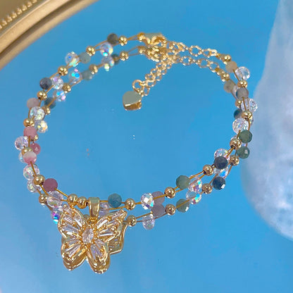 Colorful Beryl Bracelet with Metal Weaving and Zircon Butterfly