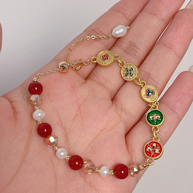 New Year Pearl Design Red Agate Bracelet Lucky Grass Bellflower Five Road God of Wealth Bracelet