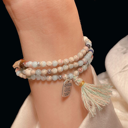 Chinese Style Beaded Triple-layer Bracelet with Shoushan Stone, Picture Stone, Red Vein Stone Tassel Bracelet