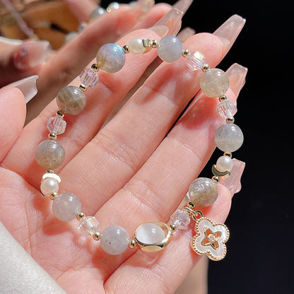 Natural Crystal Bracelet with Hollow Lucky Clover Pendant Gray Moonlight Yellow Hair Crystal Bead String Bracelet Crystal Stone Jewelry