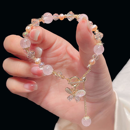 Pink Crystal Pearl Heart Butterfly Pendant Bracelet