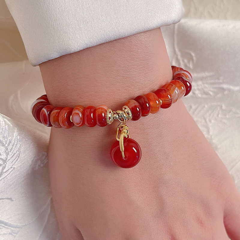 Natural Agate Wheel Bead Bracelet Ethnic Style Vintage Red Agate Safety Buckle Bamboo Pendant Bracelet Bead String