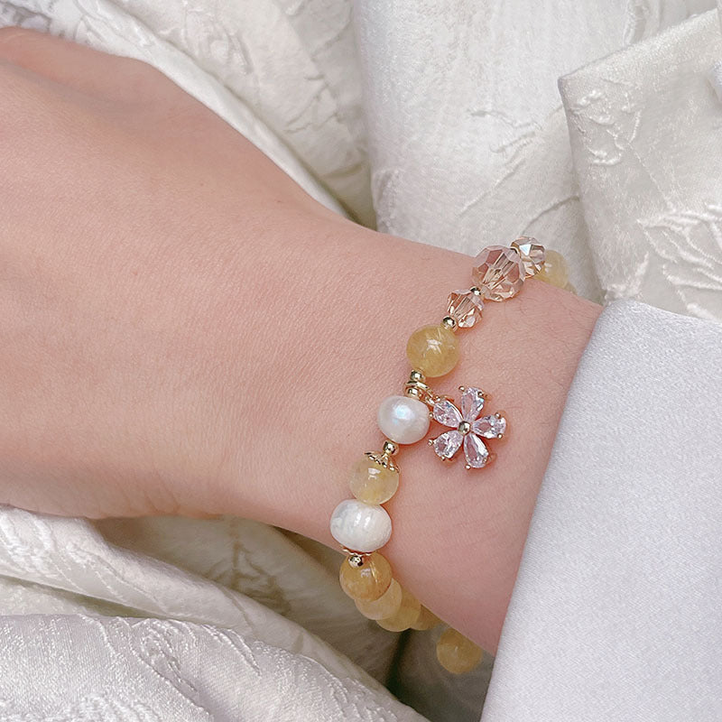 Minimalist Flower Bracelet with Crystal Strawberry Quartz and Citrine Beads