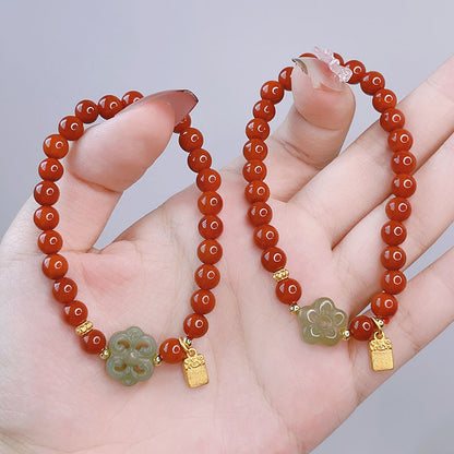 Red Agate Rabbit Pendant Bracelet and Hetian Jade Prosperity Flower Bracelet Set