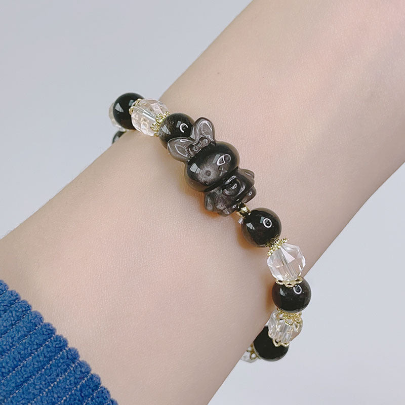 Silver Glitter Stone Carved Accessories Bracelet with Lucky Fox, Pixiu, Lion, etc. Beaded Crystal Bracelet Bestie Jewelry