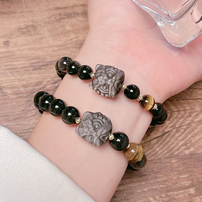 Natural Silver Obsidian Bracelet with Lion Head Pi Xiu Couple Bracelet