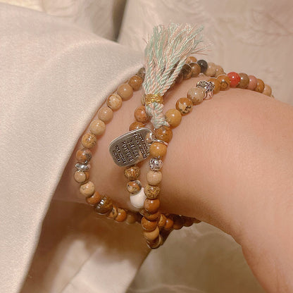 Chinese Style Beaded Triple-layer Bracelet with Shoushan Stone, Picture Stone, Red Vein Stone Tassel Bracelet