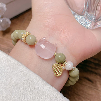 Natural Alashan Avocado Green Bead Bracelet Chinese Design Pink Crystal Love Cat Head Nine-tailed Fox Bracelet