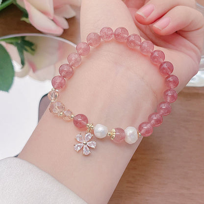 Minimalist Flower Bracelet with Crystal Strawberry Quartz and Citrine Beads