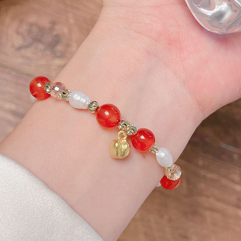 Pumpkin Red Agate Bracelet Chinese Style Beaded Stackable Accessory Gift Jewelry