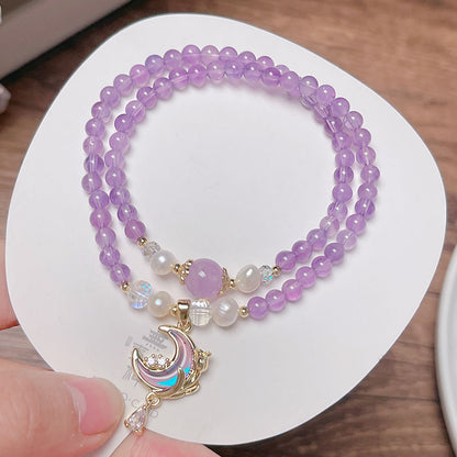 Double Circle Amethyst Crystal Bracelet with Moon Heart Pendant