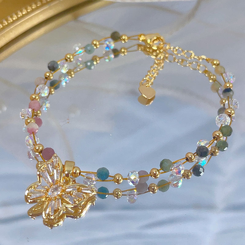 Colorful Beryl Bracelet with Metal Weaving and Zircon Butterfly