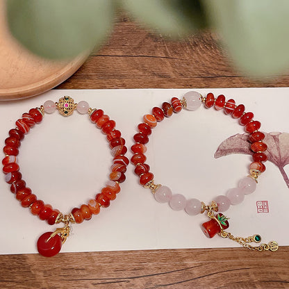 Natural Agate Wheel Bead Bracelet Ethnic Style Vintage Red Agate Safety Buckle Bamboo Pendant Bracelet Bead String