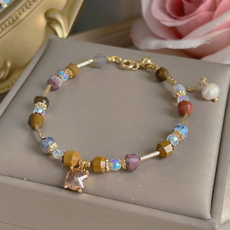 Colorful Beryl Bracelet with Metal Weaving and Zircon Butterfly