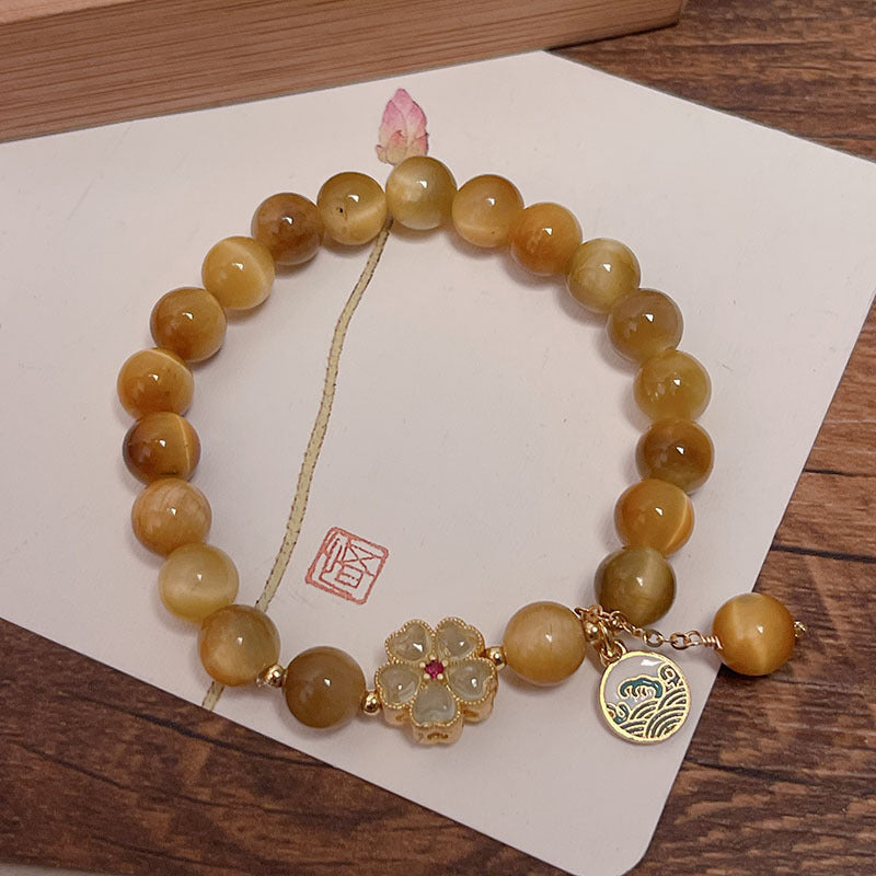 Lucky Tiger Eye Stone Bracelet with Folk Style Cloud and Flower Pendant