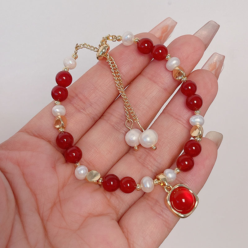 New Year Pearl Design Red Agate Bracelet Lucky Grass Bellflower Five Road God of Wealth Bracelet