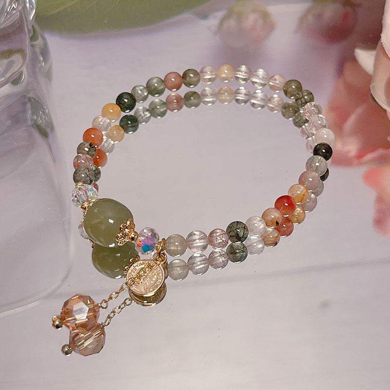 Double Circle Colorful Crystal Lucky Grass Chinese Style Bracelet