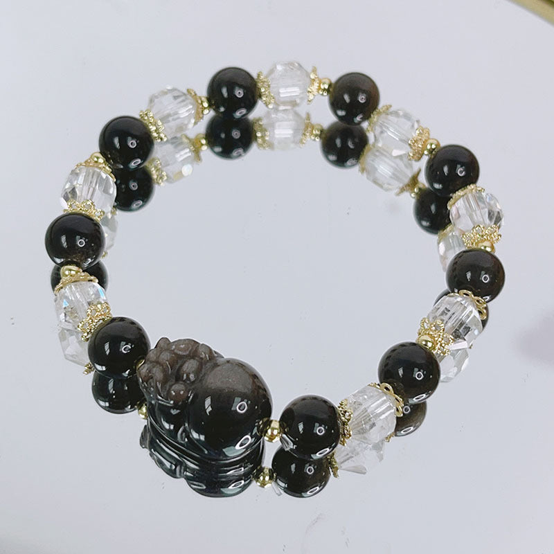 Silver Glitter Stone Carved Accessories Bracelet with Lucky Fox, Pixiu, Lion, etc. Beaded Crystal Bracelet Bestie Jewelry