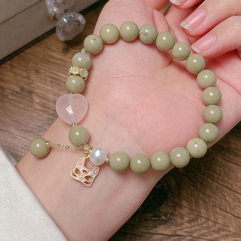 Natural Alashan Avocado Green Bead Bracelet Chinese Design Pink Crystal Love Cat Head Nine-tailed Fox Bracelet