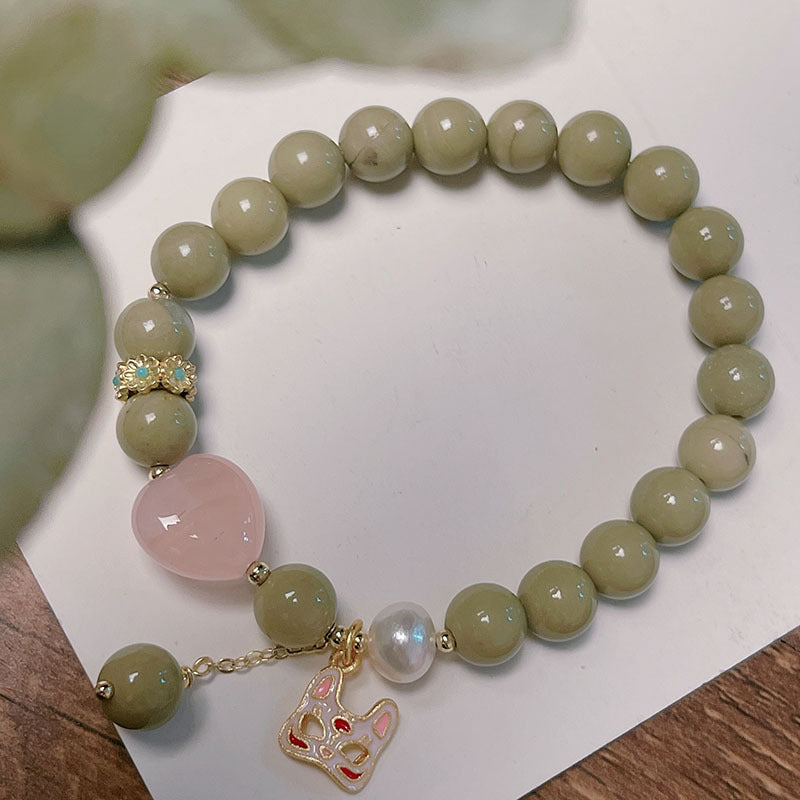 Natural Alashan Avocado Green Bead Bracelet Chinese Design Pink Crystal Love Cat Head Nine-tailed Fox Bracelet