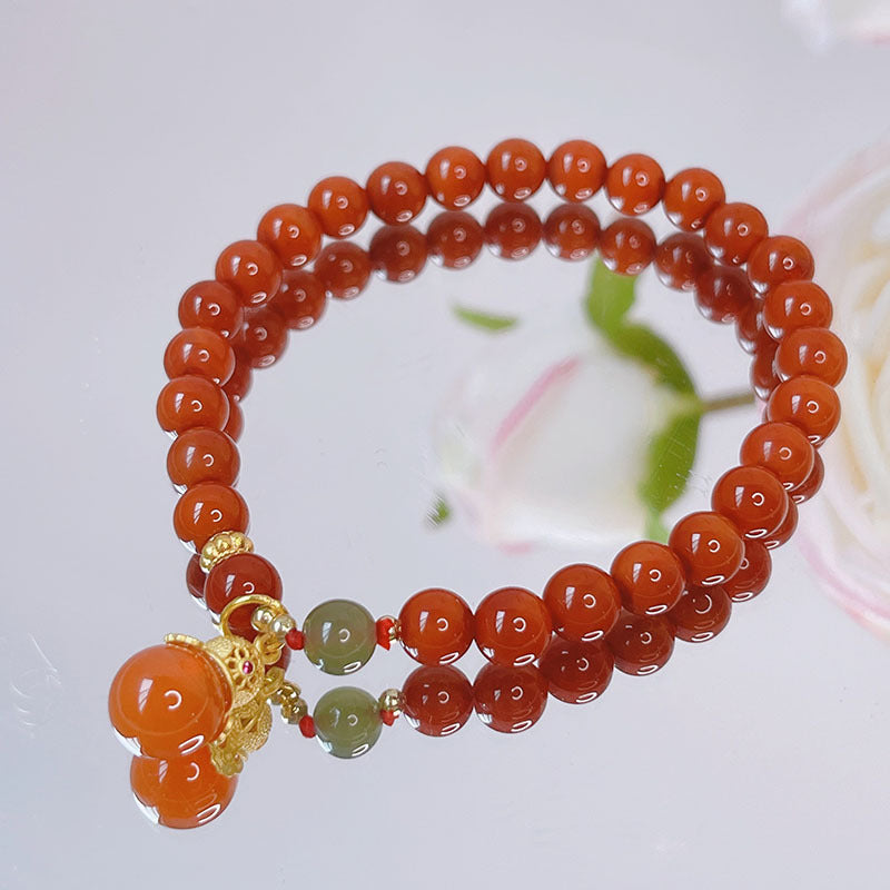 Red Agate Rabbit Pendant Bracelet and Hetian Jade Prosperity Flower Bracelet Set