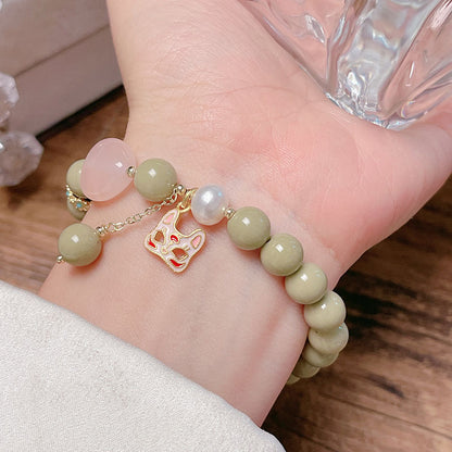 Natural Alashan Avocado Green Bead Bracelet Chinese Design Pink Crystal Love Cat Head Nine-tailed Fox Bracelet