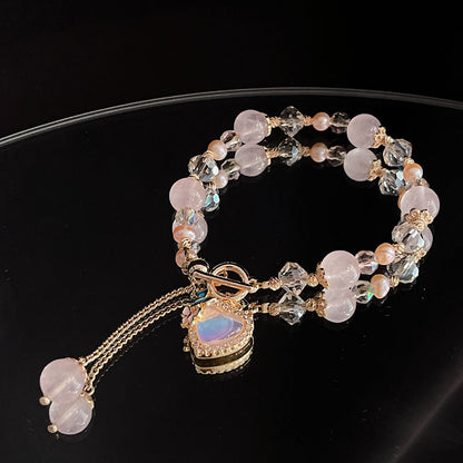 Pink Crystal Pearl Heart Butterfly Pendant Bracelet