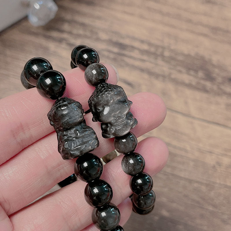 Silver Obsidian Infinite Guanyin Buddha Couple Bracelet Lady Guanyin Men Buddha Life Year Guardian Bracelet Gift Girlfriend