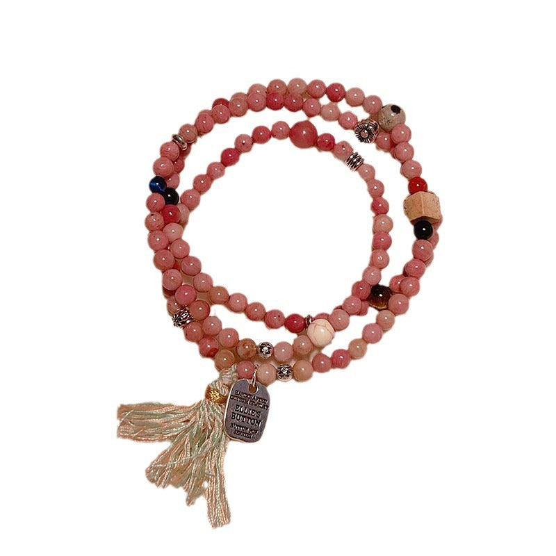 Chinese Style Beaded Triple-layer Bracelet with Shoushan Stone, Picture Stone, Red Vein Stone Tassel Bracelet