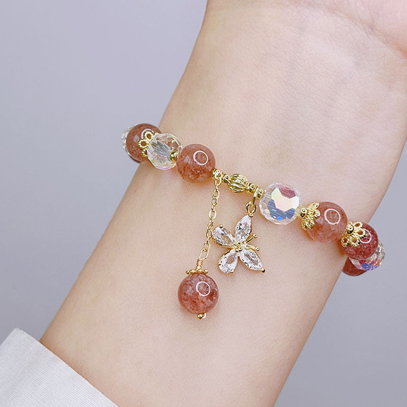 Summer New Purple Crystal Butterfly Bracelet Sweet ins Small Design Natural Strawberry Crystal Butterfly Pendant Bracelet Female