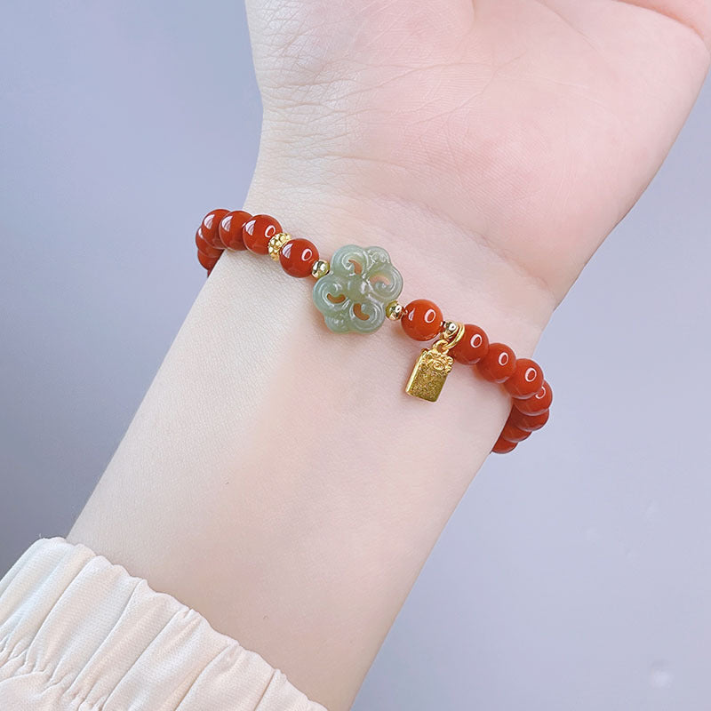 Red Agate Rabbit Pendant Bracelet and Hetian Jade Prosperity Flower Bracelet Set