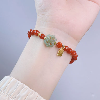 Red Agate Rabbit Pendant Bracelet and Hetian Jade Prosperity Flower Bracelet Set