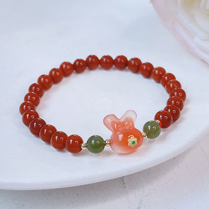 Red Agate Rabbit Pendant Bracelet and Hetian Jade Prosperity Flower Bracelet Set