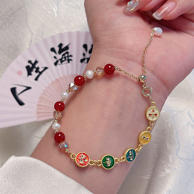 New Year Pearl Design Red Agate Bracelet Lucky Grass Bellflower Five Road God of Wealth Bracelet