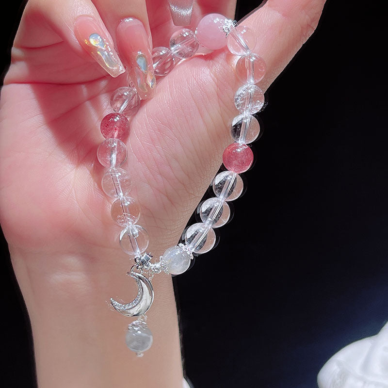 Natural White Crystal Beaded Bracelet with Silver Moon, Fish Tail, Flower Pendant